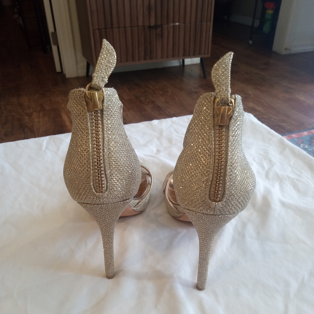 Badgley Mischka Glittery Gold Crisscross Ankle-Strap Heels - Picture 3 of 5